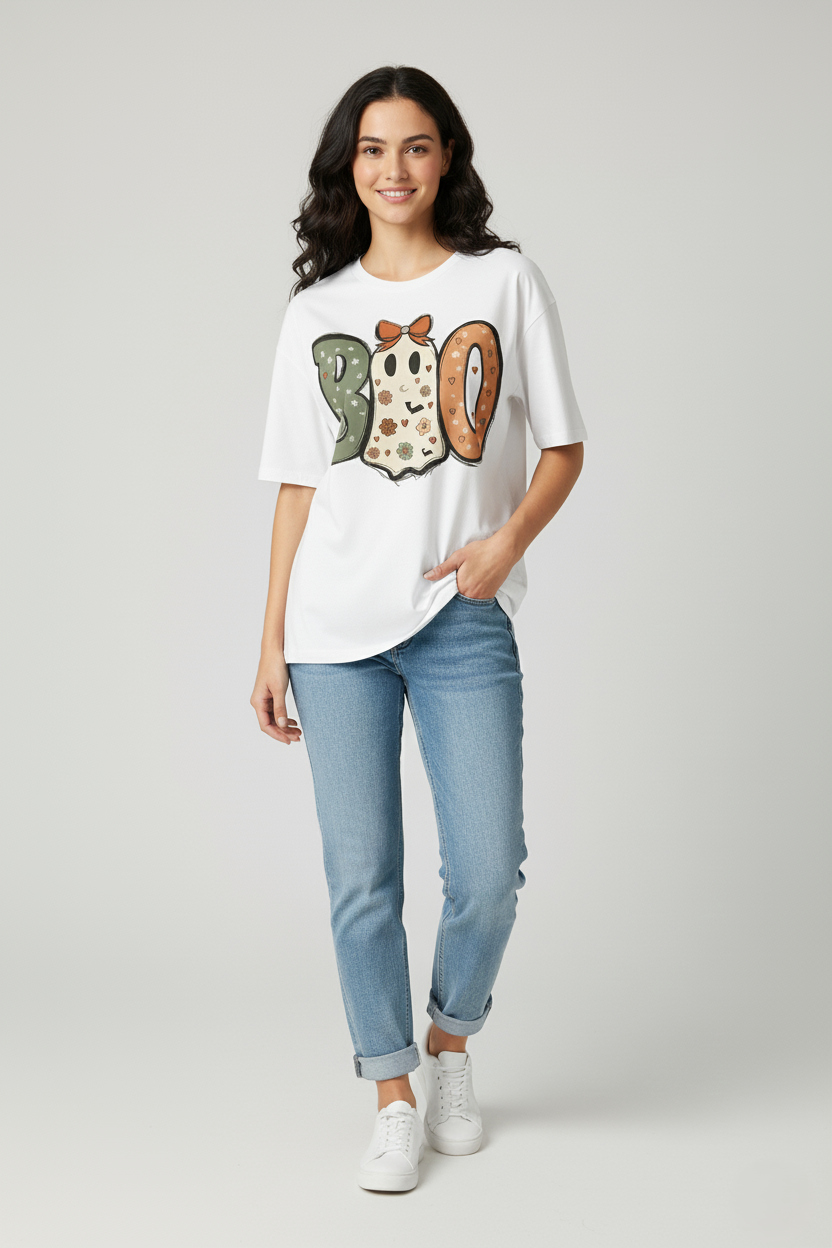 BOO Halloween Oversized Tees for Women | Premium Stretchable Cotton