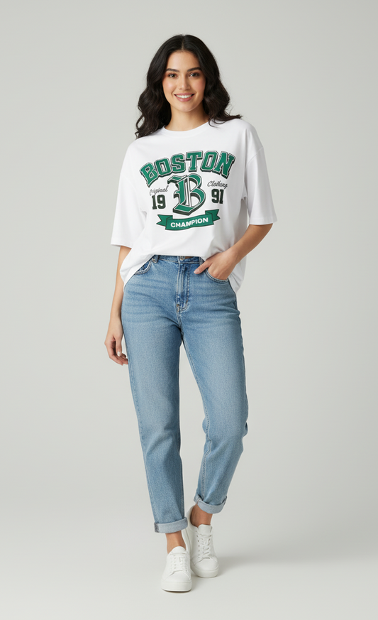Boston 1991 Oversized T Shirt for Women | Premium Cotton Stretchable Fabric